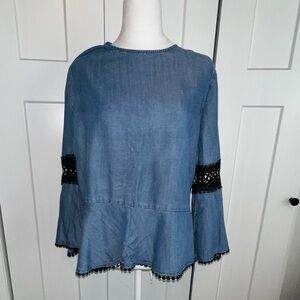 Women's B Collection by Bobeau Denim Blouse with Black Crochet Trim Detail - Med